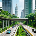 **Sustainable Transportation:** Kuala Lumpur cityscape featuring electric vehicles, modern public transportation (like the LRT or MRT), and dedicated bicycle lanes with lush greenery alongside the roads. Focus on a bright, clean, eco-friendly aesthetic.