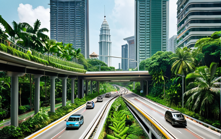 **Sustainable Transportation:** Kuala Lumpur cityscape featuring electric vehicles, modern public transportation (like the LRT or MRT), and dedicated bicycle lanes with lush greenery alongside the roads. Focus on a bright, clean, eco-friendly aesthetic.