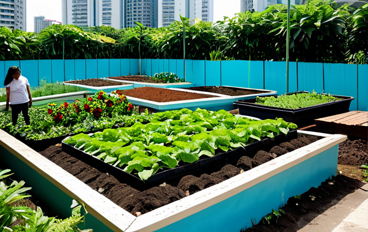 **

"A vibrant community garden in Kuala Lumpur, Malaysia, showcasing sustainable urban farming. Diverse groups of people, fully clothed, are tending to raised garden beds filled with local herbs, vegetables, and flowers. A rainwater harvesting system is visible in the background. Lush greenery surrounds the area, creating a cool and inviting space amidst the urban environment. Clear blue sky. Safe for work, appropriate content, family-friendly, professional photography, perfect anatomy, natural proportions, high quality, fully clothed, modest clothing."

**
