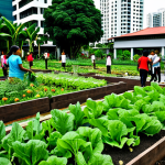 Community Garden**

"A vibrant community garden in Kuala Lumpur, featuring diverse vegetables and flowers, tended by people of different ages and ethnicities. Focus on the lush greenery, raised garden beds, and smiling faces. Background should show modern buildings. fully clothed, appropriate content, safe for work, perfect anatomy, natural proportions, professional, family-friendly"

**