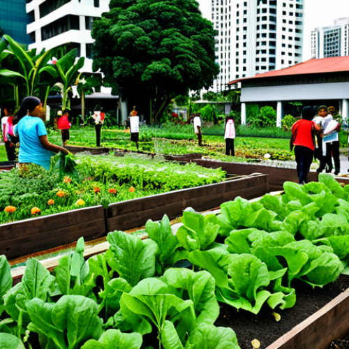Community Garden**

"A vibrant community garden in Kuala Lumpur, featuring diverse vegetables and flowers, tended by people of different ages and ethnicities. Focus on the lush greenery, raised garden beds, and smiling faces. Background should show modern buildings. fully clothed, appropriate content, safe for work, perfect anatomy, natural proportions, professional, family-friendly"

**