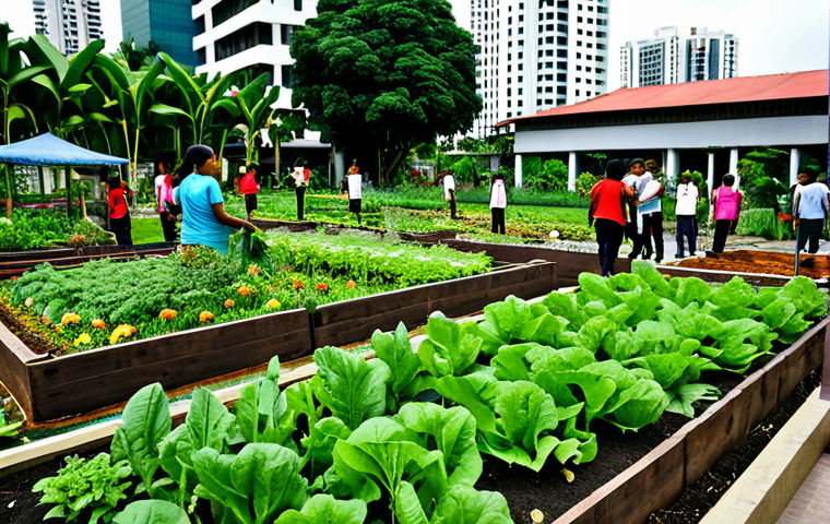 Community Garden**

"A vibrant community garden in Kuala Lumpur, featuring diverse vegetables and flowers, tended by people of different ages and ethnicities. Focus on the lush greenery, raised garden beds, and smiling faces. Background should show modern buildings. fully clothed, appropriate content, safe for work, perfect anatomy, natural proportions, professional, family-friendly"

**